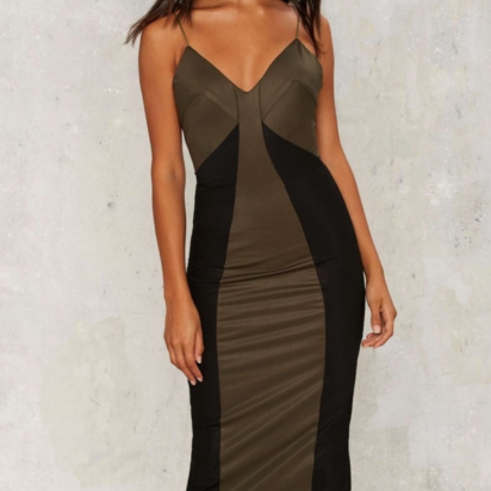 Rare London Olive Green and Black Colorblock Midi Dress